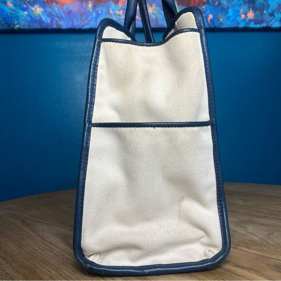 Michael Kors Canvas Leather Trimmed Large Tote Travel Bag Ivory Navy Blue - Picture 4 of 16